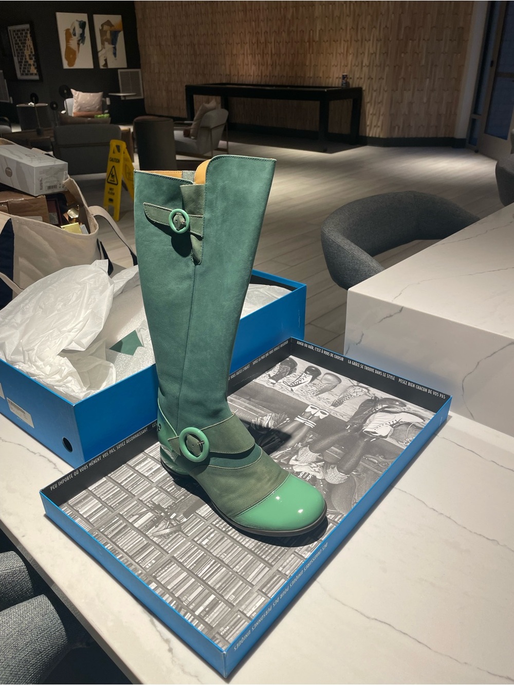 John Fluevog Tall Green Buckle Moto Boots